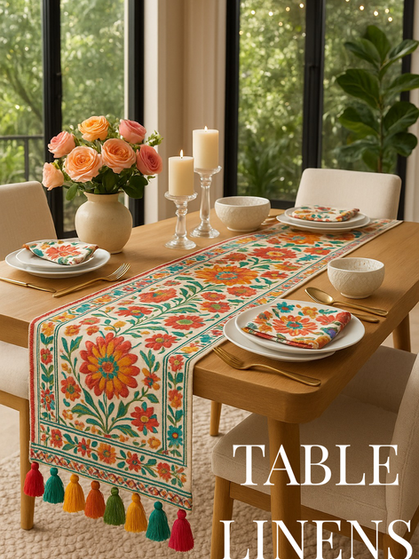 Premium dining table cover and table runner – waterproof 6 seater, frill, tassel, boho, embroidered, jute or silk design for centre table, dining table or living room décor.