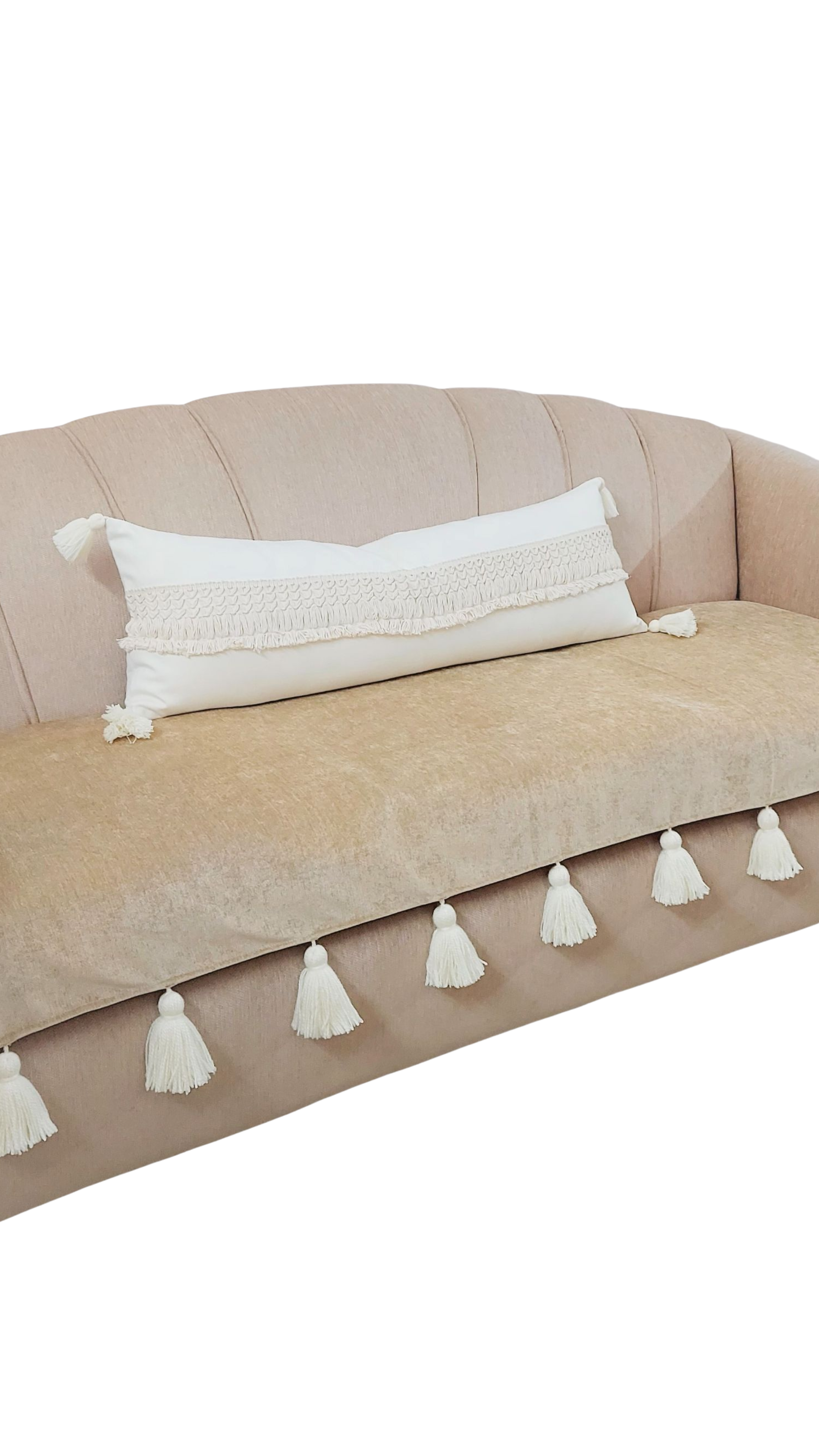 Tan Beige Sofa Cover with White Tassels | Neutral Decor |Durable High GSM Fabric