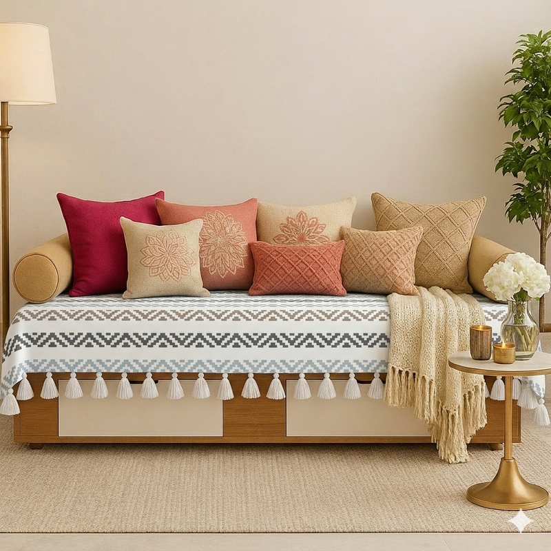 Thumbnail: Sofa Bed Diwan Cover For 3X5 Ft Sofa Single Bed Diwan|Herringbone Neutral