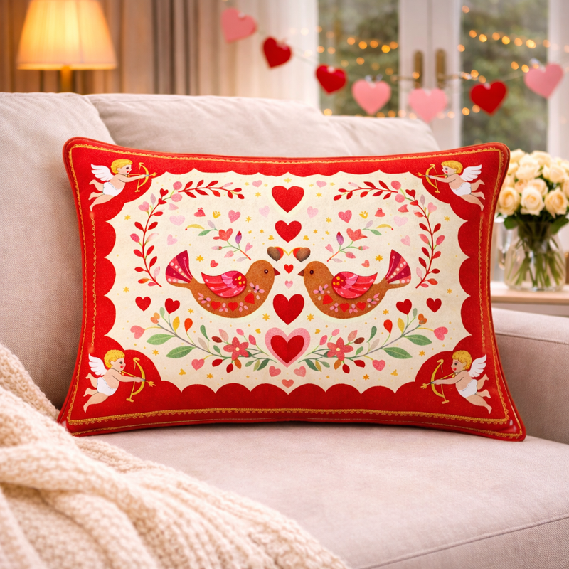Thumbnail: Romantic Valentine Red Lovebird Victorian Decor Gift Cushion Cover 12x18 Inches