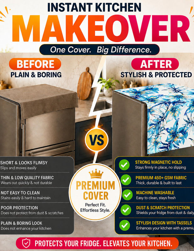الصورة المصغرة: Fridge Top Cover Triple Door 100-250 L|Blue Leaves Refrigerator Cover