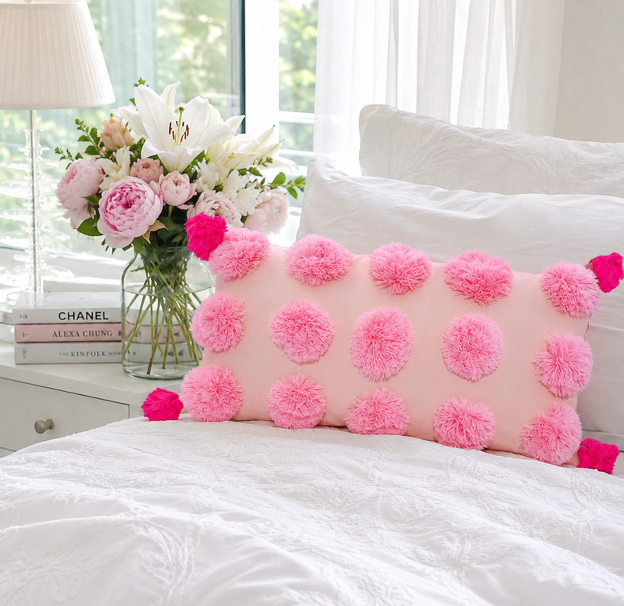 Blush Pink Cotton Pom Pom Rectangular Cushion Cover 14x20 Inches