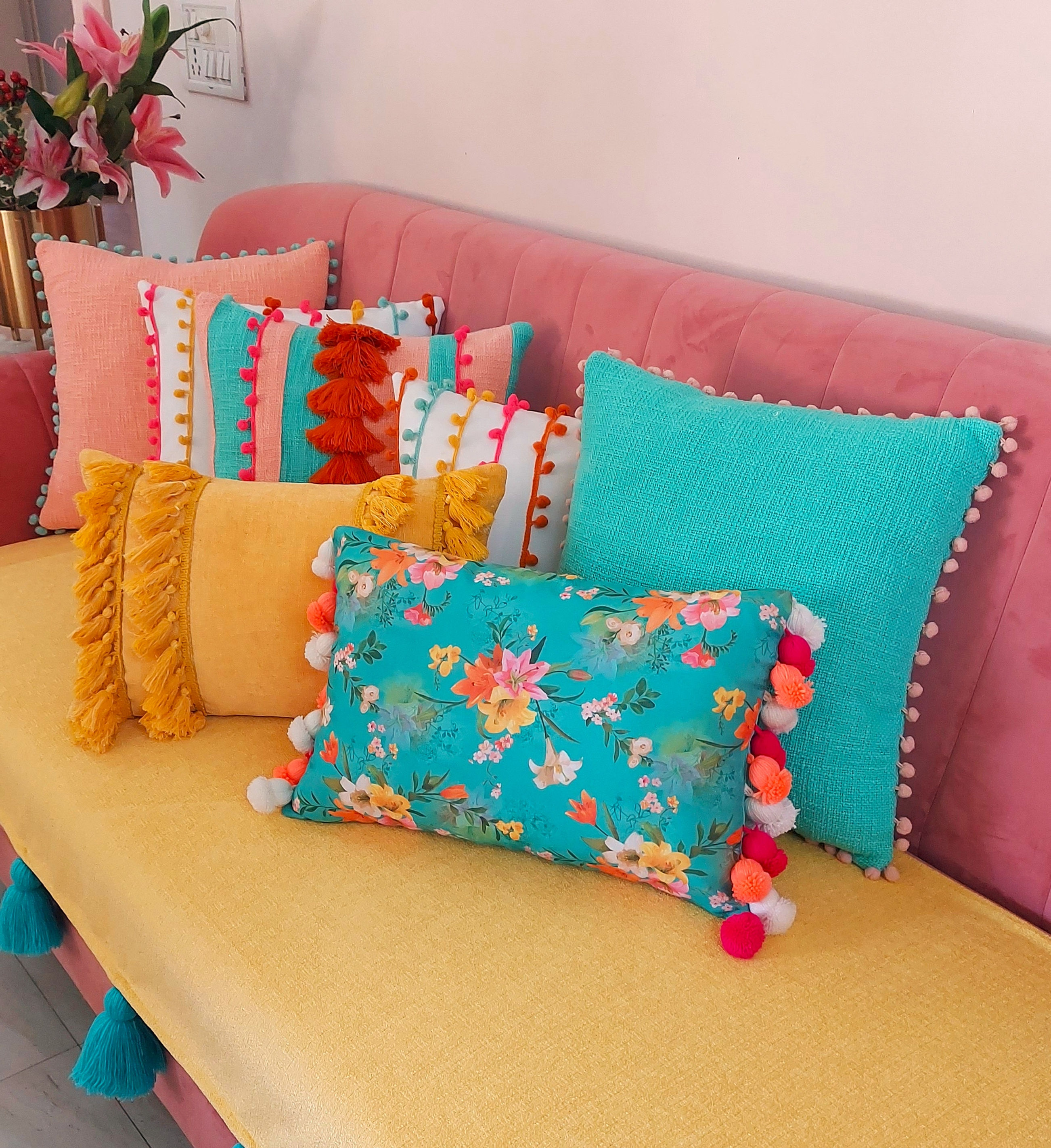 Boho Savannah Blush & Mint Multicolored Pink PomPom Orange Tassel Cushion Cover