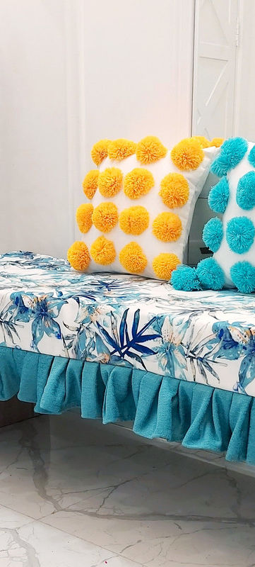 Thumbnail: Boho Teal Pom-Pom Cozy Decorative Square Cushion Cover with Filler 22x22 Inches