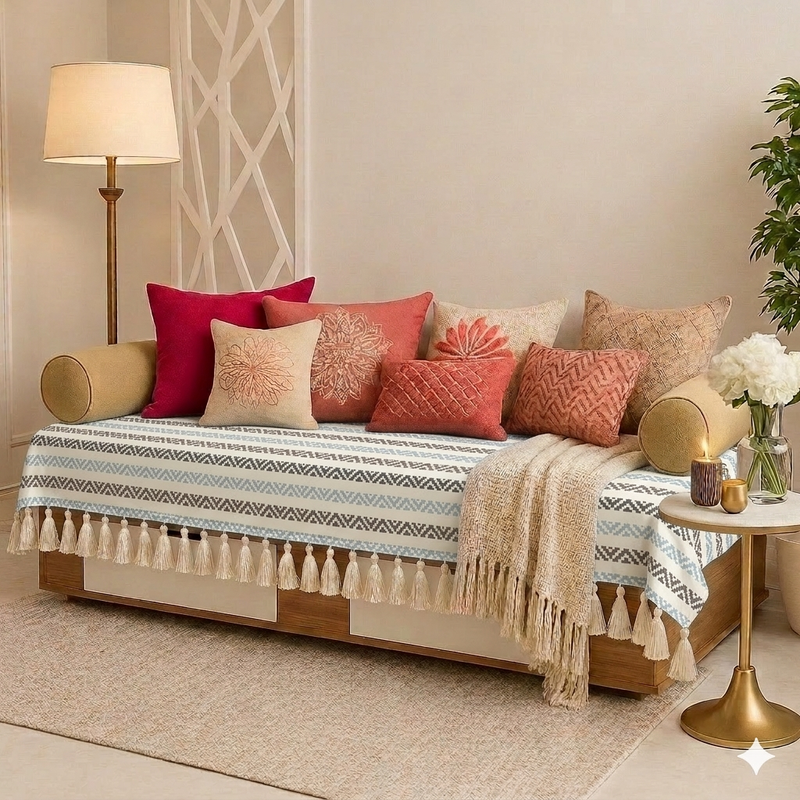 Thumbnail: Sofa Bed Diwan Cover For 3X5 Ft Sofa Single Bed Diwan|Herringbone Neutral