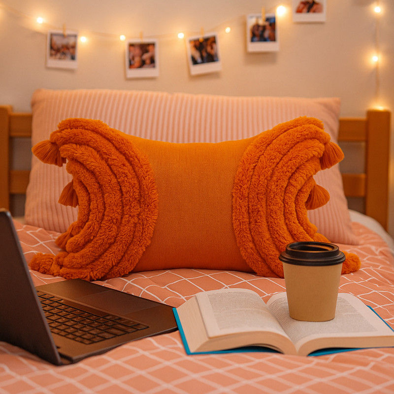 Imej kecil: Burnt Orange Tufted with Tassels Boho Decor Rectangle Cushion Cover 12x24 Inches