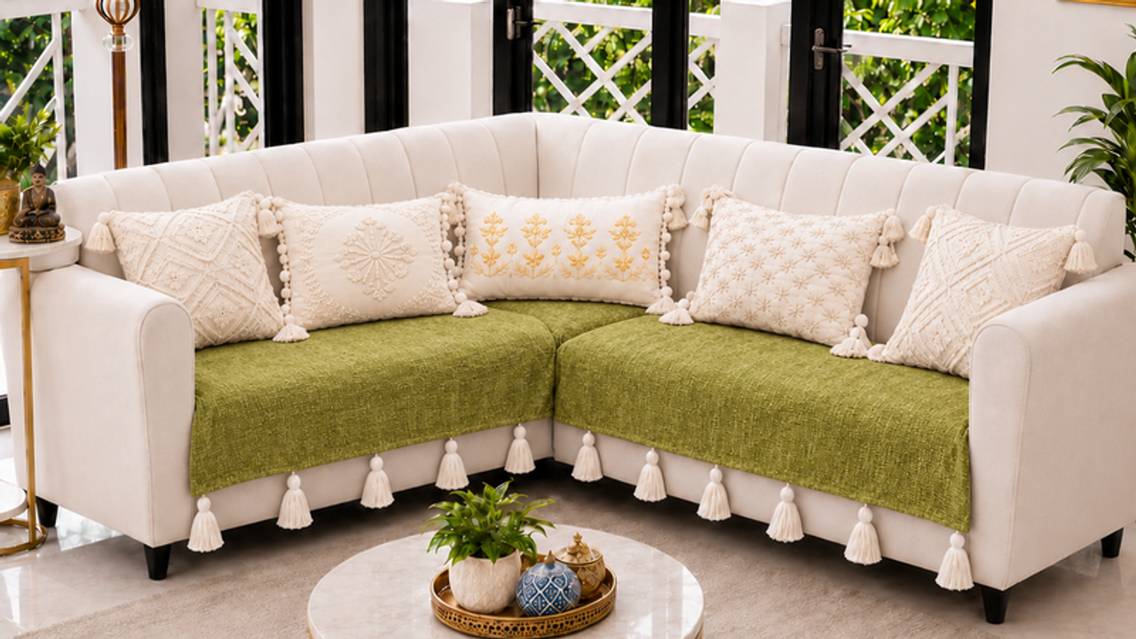 Olive Green 3 Seater+2 Seater+Corner L Shape Sofa Cover With Tassels|Seat Cover