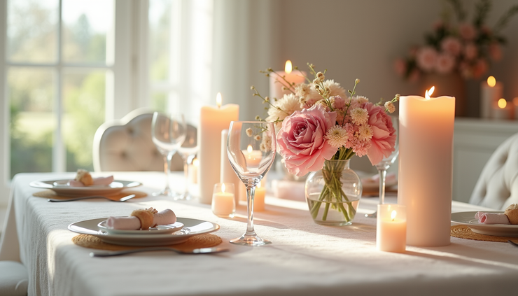 High angle view of a bright dining table decorated with pastel candles and a floral centerpiece