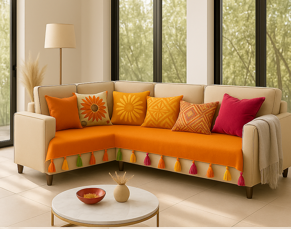 サムネイル： LShape 7 Seater Sofa Cover With Tassels Orange 3 Seater + 3 Seater + 1 Corner