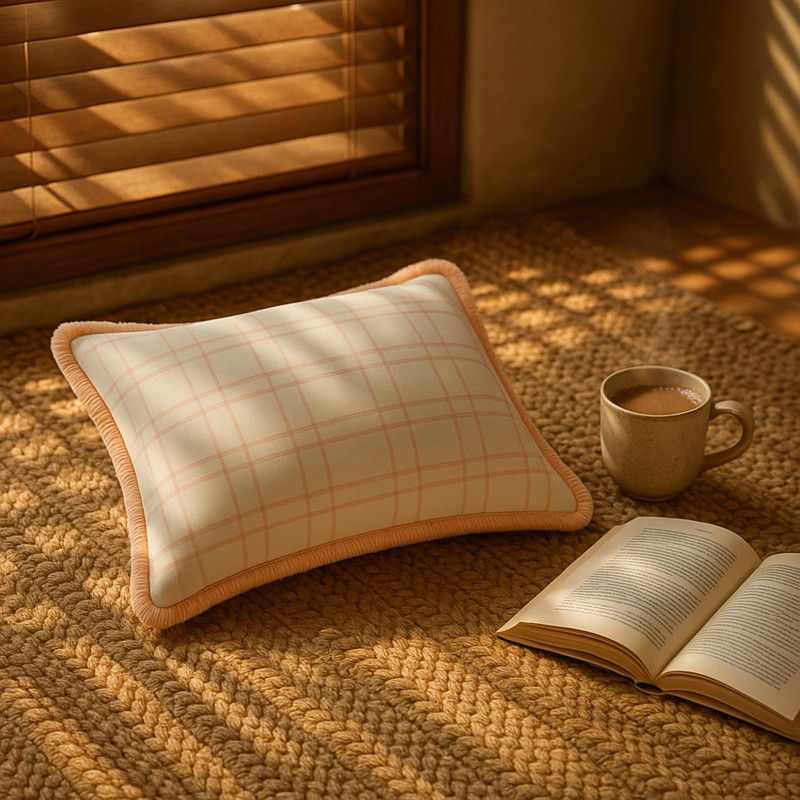 थंबनेल: Pink & White Plaid with Fringe Rectangle Cushion Cover with Filler 12x36 Inches