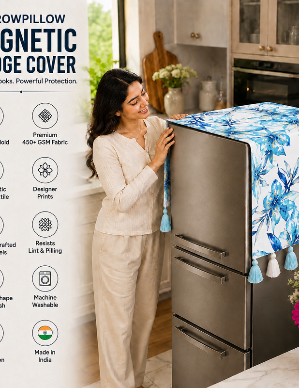 Thumbnail: Fridge Cover Triple Door 100-250 L|Decorative Tassels|Blue Leaves Cover