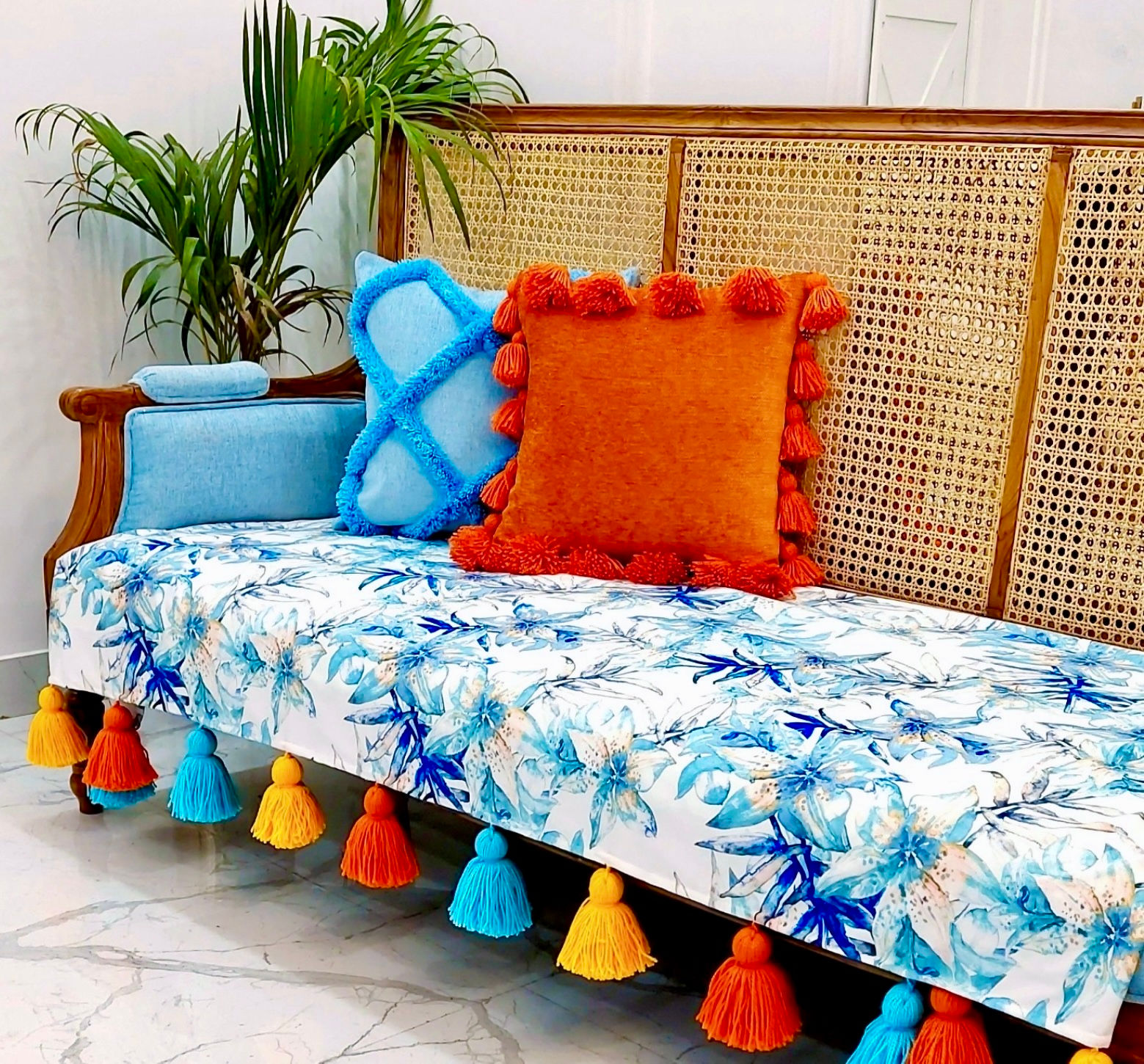 Blue Paradise Leaf Sofa Cover | Diwali Living Room Décor
