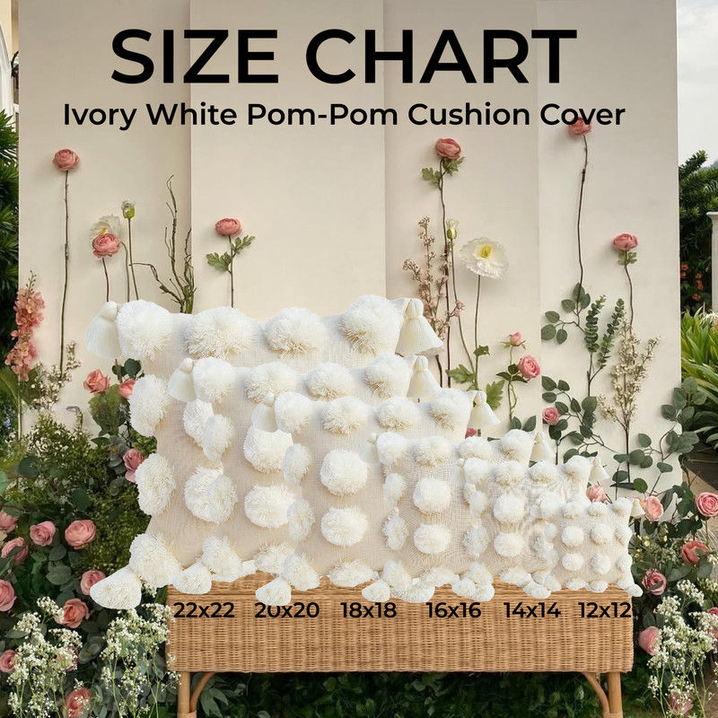 Miniatură: Ivory White Pom-Pom Textured with Tassel Large Square Pillows Cover 24x24 Inches