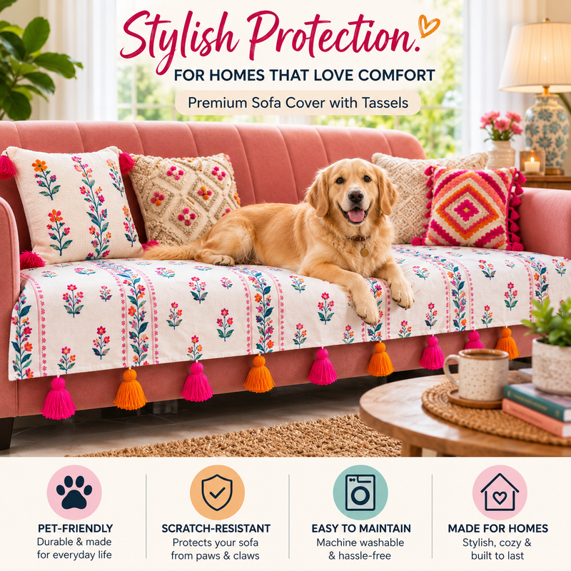 縮圖：L Shape Sofa Cover With Tassels|Rangotsav Floral| 3 Seater + 2 Seater Lounger