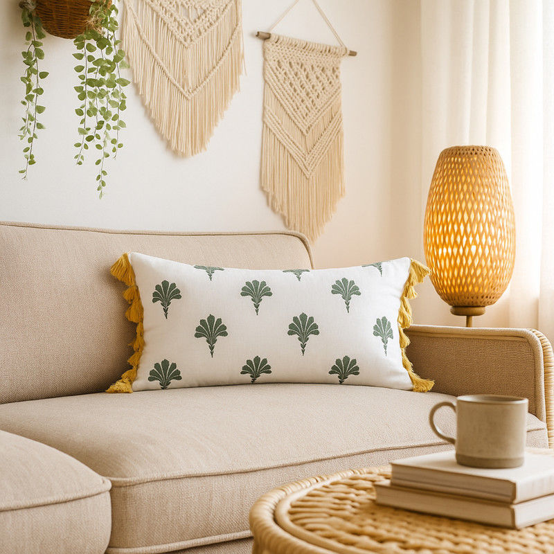 ภาพขนาดย่อ: Palm Print with Yellow Tassels Rectangle Cushion Cover with Filler 12x18 Inches