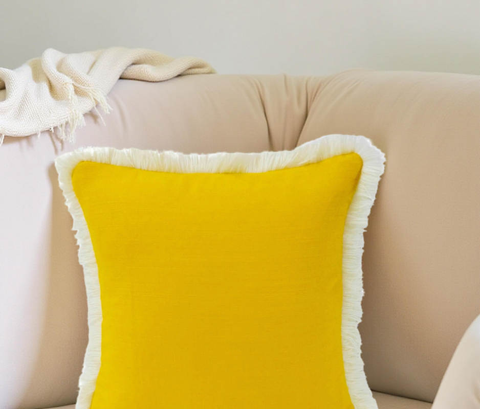 Thumbnail: Mustard Yellow Fringed Soft Touch Square Cushion Cover for Sofa 24x24 Inches