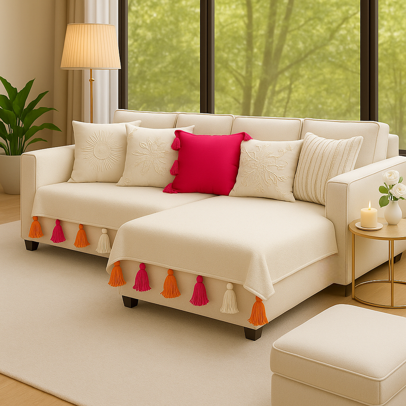 L-Shaped Sofa Cover 5-seater Sectional 2 Seater With Lounger|Cream