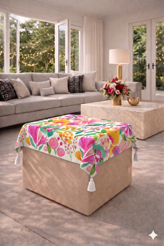 Floral Bloom Pouf Cover With Corner Tassels Square 14"X14" |24X24"Pouffe Cover
