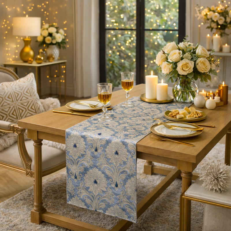 縮圖：Luxury Grey Banarsi Brocade Woven Grey Silk Table Runner Dining Decor