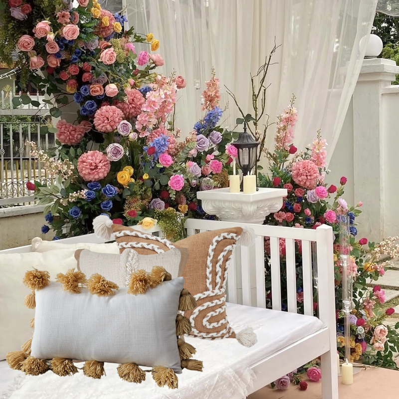 الصورة المصغرة: Boho White with Tan Tassels Rectangular Cushion Cover with Filler 12x18 Inches