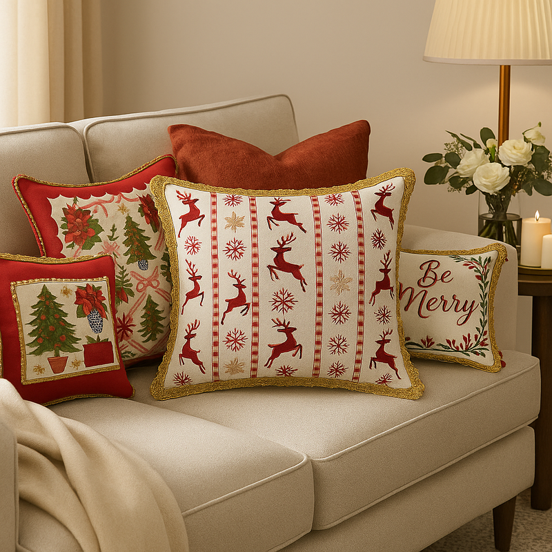 Miniatură: Reindeer Red White Gold Christmas Decor Square Sofa Cushion Cover 16x16 Inches