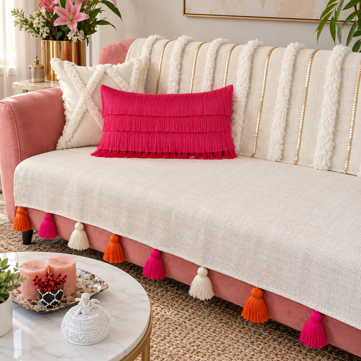 3 Seater Sofa Cover With Tassels: Neutral Moroccan Embroidered Back Cover