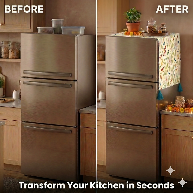 Thumbnail: Floral Small Triple Door Magnetic Fridge Cover With Corner Tassels 100-250 L