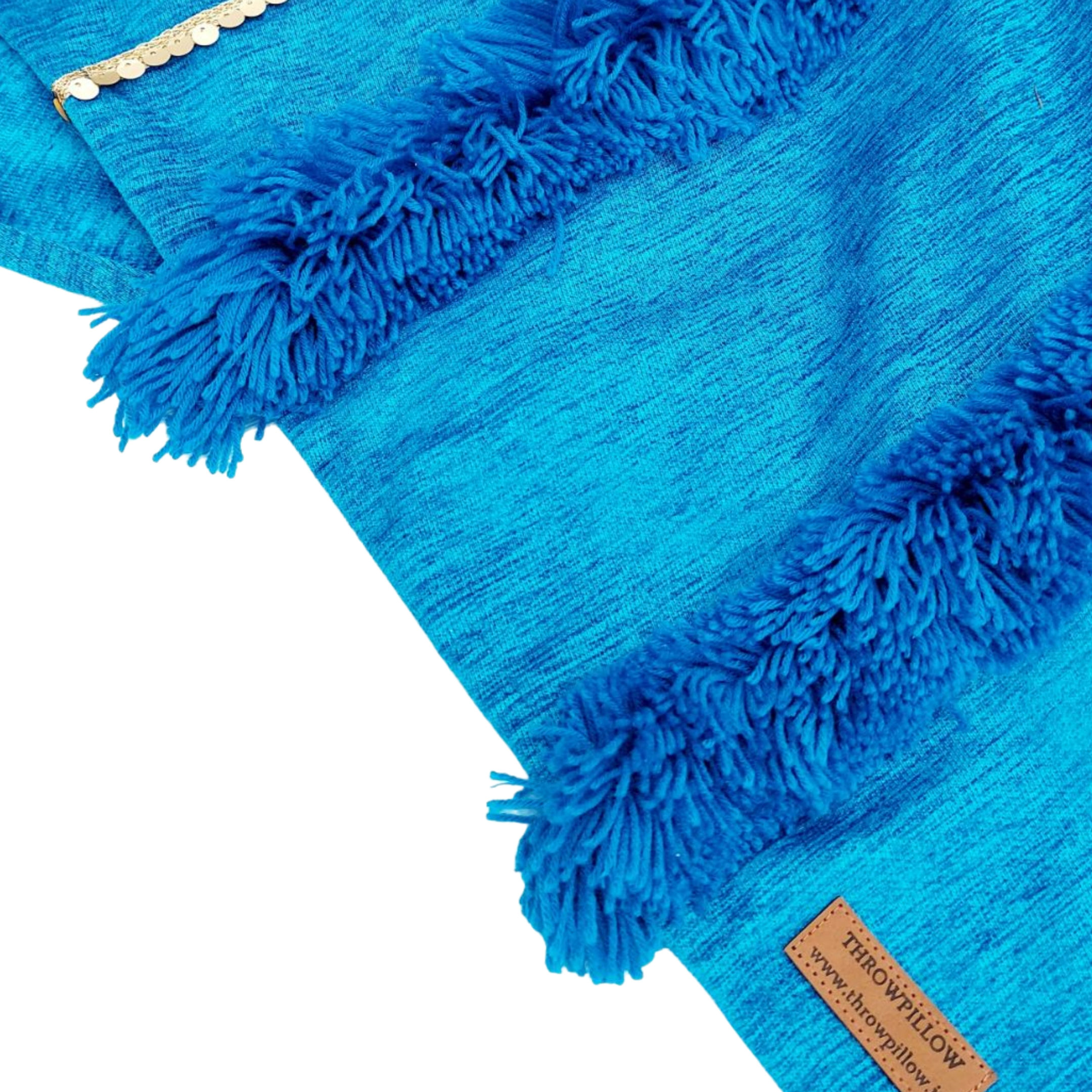 Teal Blue Moroccan Hand Embroidered Sofa Cover with Tassels –Boho Sofa Throw