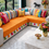 サムネイル： L Shape 4 Seater Sofa Cover With Tassels |Orange| 2 Seater + 2 Seater Lounger