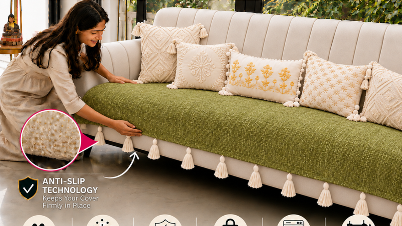 Olive Green 3 Seater+2 Seater+Corner L Shape Sofa Cover With Tassels|Seat Cover