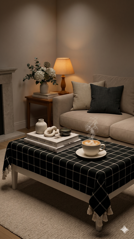 Miniatiūra: Black Plaid Cotton Tassel Table Runner Center Table Coffee Table Living Room