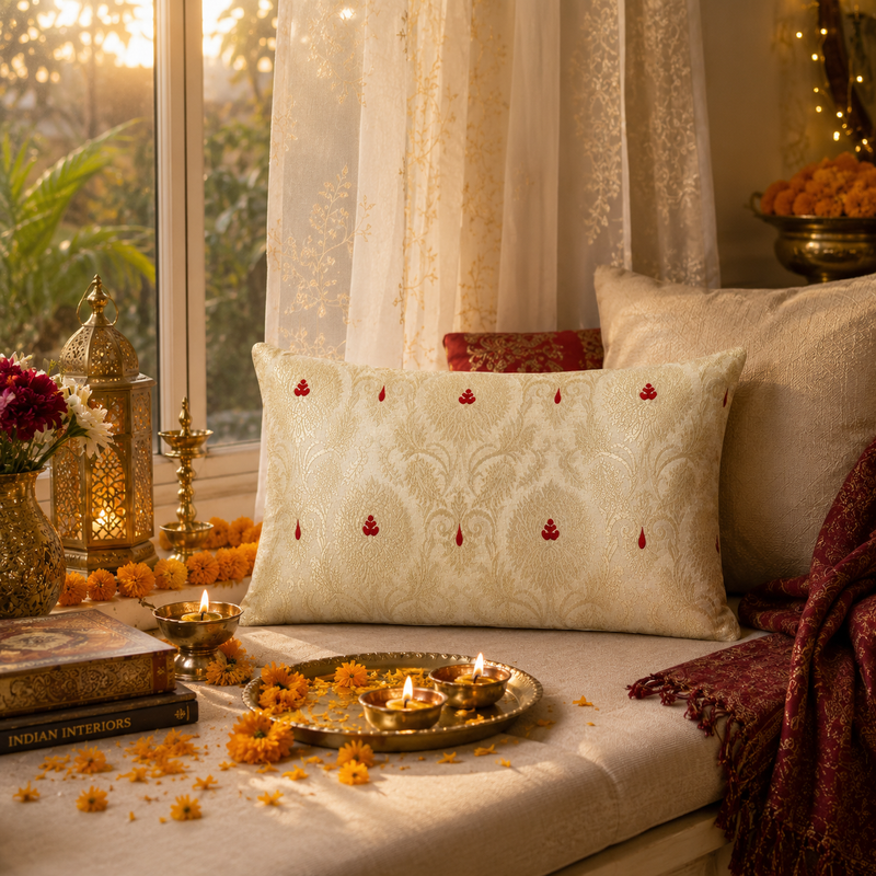 Thumbnail: Ivory Silk Brocade Cushion Cover 12x30 Inches| Rectangle