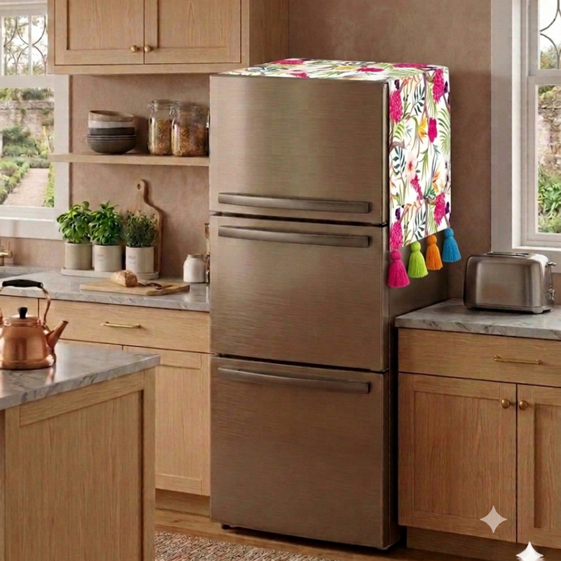 Thumbnail: Fridge Cover Triple Door 100-250 L|Decorative Tassels|Floral Fridge Top Cover