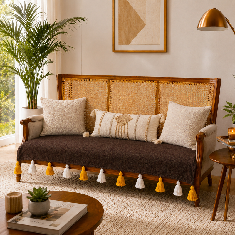 Thumbnail: Dark Brown 6 Seater Sofa Cover With Tassels |Tassel Sofa Throw 3+2+1 Seater Set