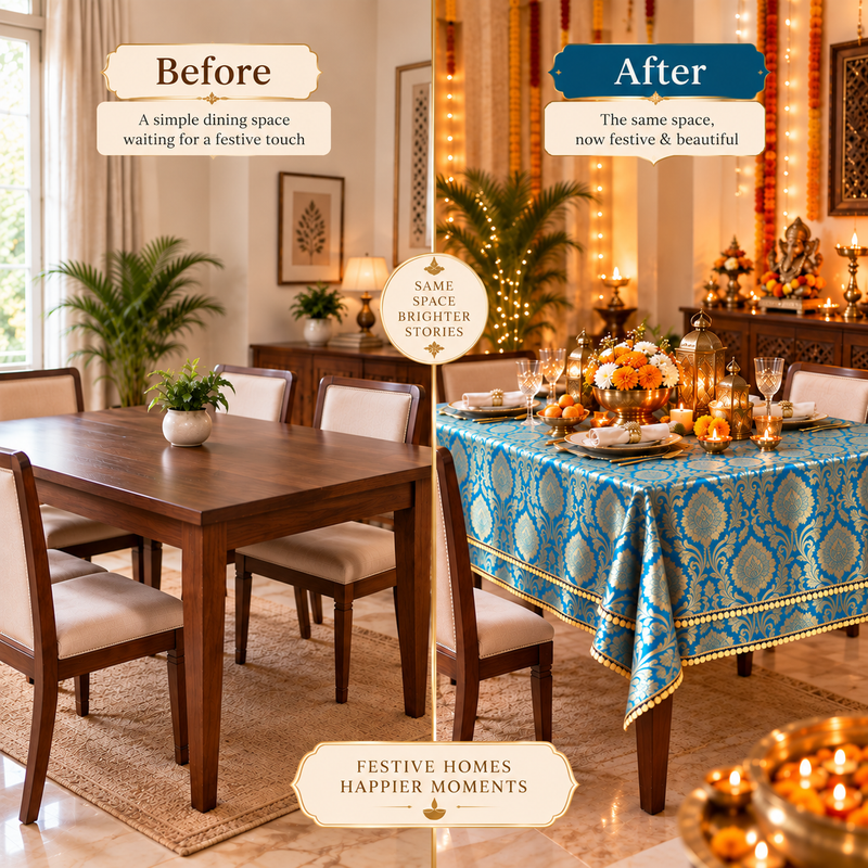 Teal Blue Brocade Side Table Cover|Table Cloth Living Room Decor
