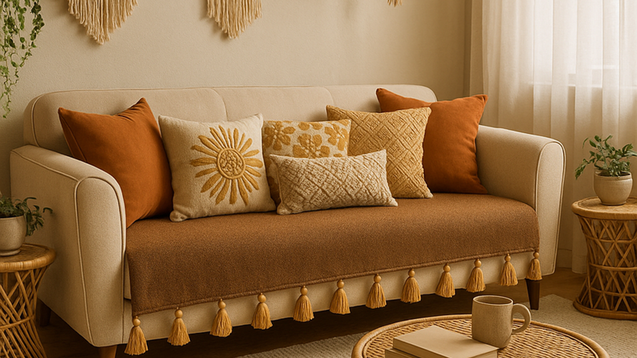 LShape 6 Seater Sofa Cover With Tassels Brown 2 Seater + 3 Seater + 1 Corner