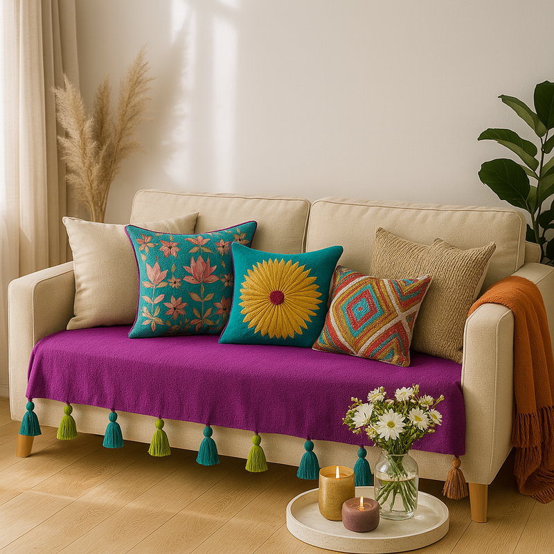 Miniature : Purple 5 Seater Sofa Cover With Tassels |Tassel Sofa Throw 3+2 Seater Set