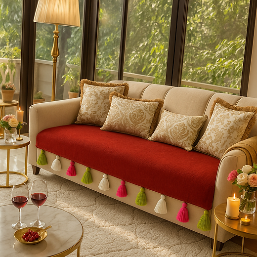 Red Seater Sofa Cover With Tassels |Tassel Sofa Throw 3+3+1