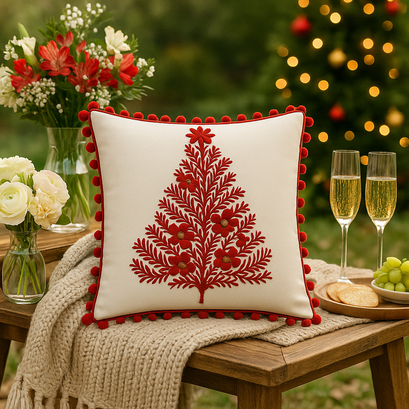 الصورة المصغرة: Printed Christmas Tree Luxe Red Pom Pom Accent Square Cushion Cover 16x16 Inches