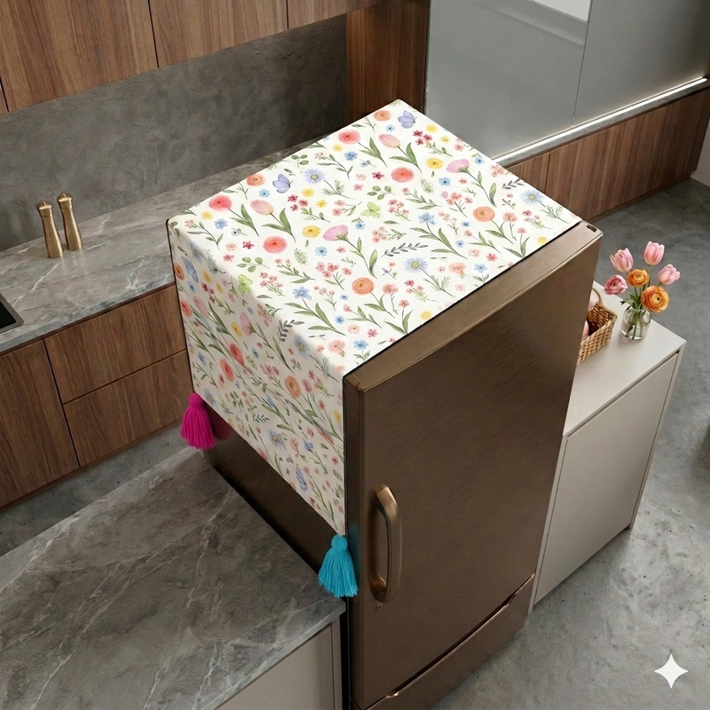 Μικρογραφία: Floral Small Single Door Magnetic Fridge Cover With Corner Tassels 100-250 L