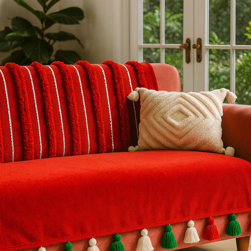 縮圖：Red Boho 4 Seater Sofa Cover With Tassel|AntiSlip Slipcover for Living Room