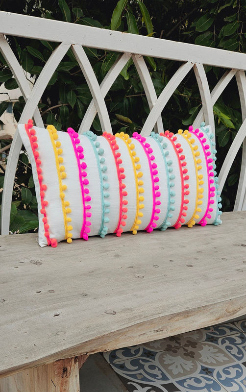 Miniatiūra: White with Multicolor Pom-Pom Rectangular Cushion Cover with Filler 12x18 Inches