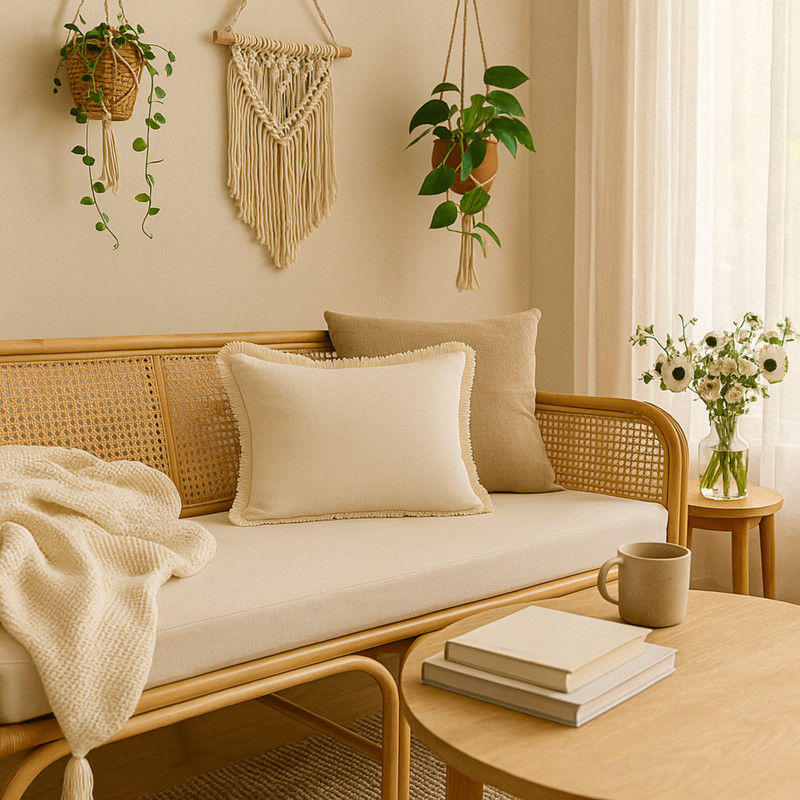 Miniatiūra: White All Round Fringed Rectangular Cushion Cover for Modern Decor 12x24 Inches
