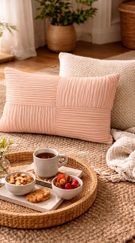 Thumbnail: Blush Peach Patchwork Rectangular Cushion Cover 12x30 Inches