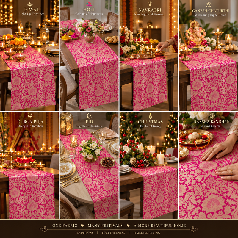 Pink Brocade Tassel Table Runner 13x26" | Nightstand & Bedside D�cor