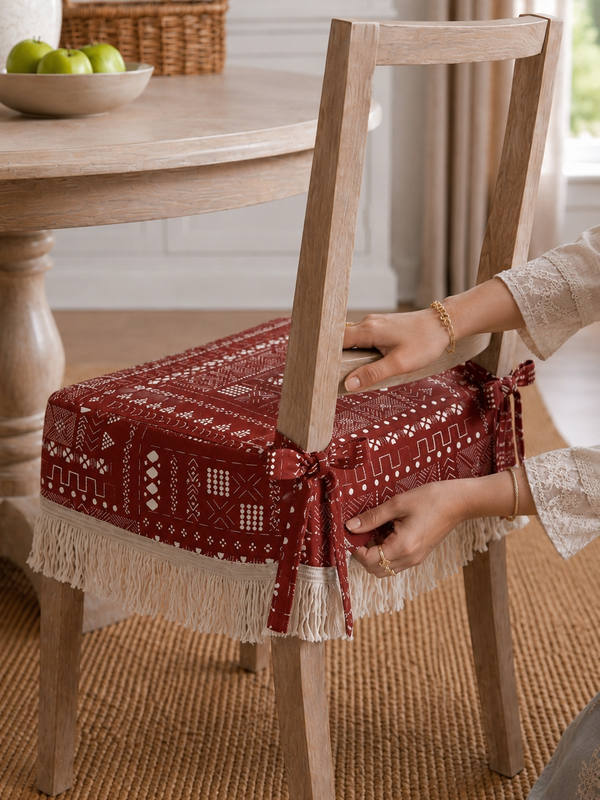 ภาพขนาดย่อ: Maroon Tribal Fringe Frill Dining Chair Seat Cover|20"x22" SEAT TOP| CHAIR COVER