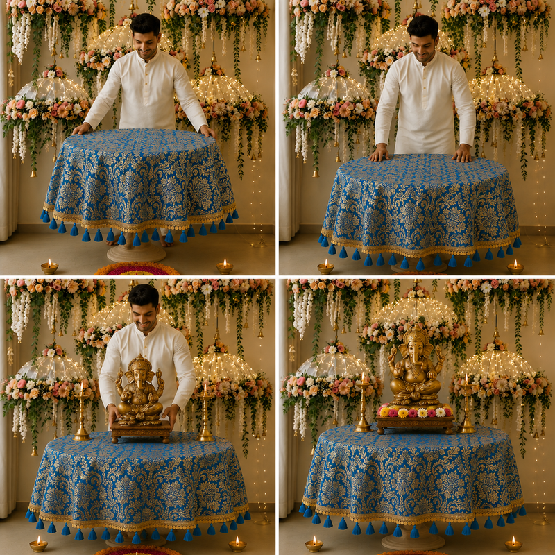 Miniatiūra: Blue Brocade Silk Chowki Cover Gold Fringe,Tassels