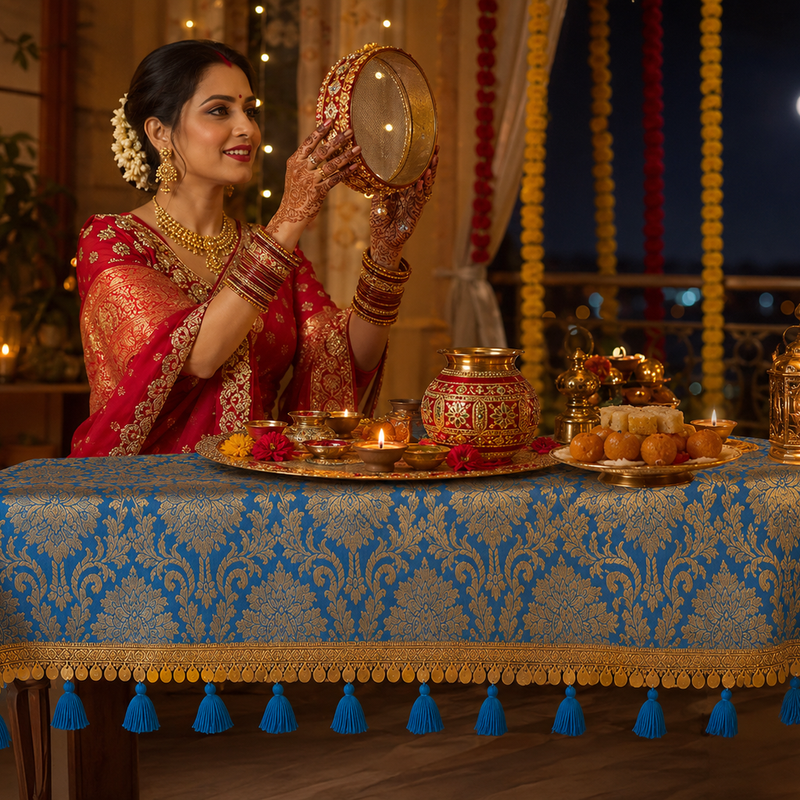 Thumbnail: Blue Brocade Silk Chowki Cover Gold Fringe,Tassels