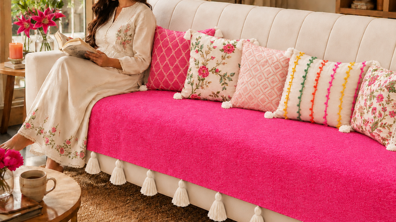 Pink 2 Seater+3 Seater+Corner L Shape Sofa Cover With Tassels|Seat Cover