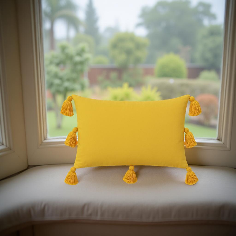 Μικρογραφία: Mustard Yellow Tassels Bohemian Rectangle Cushion Cover with Filler 12x18 Inches